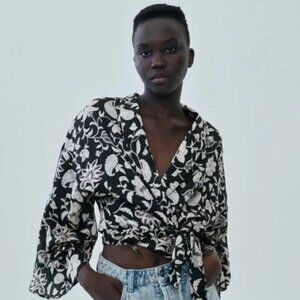 Zara Black and White Floral Wrap Top, Size Medium NEW WITH TAG!